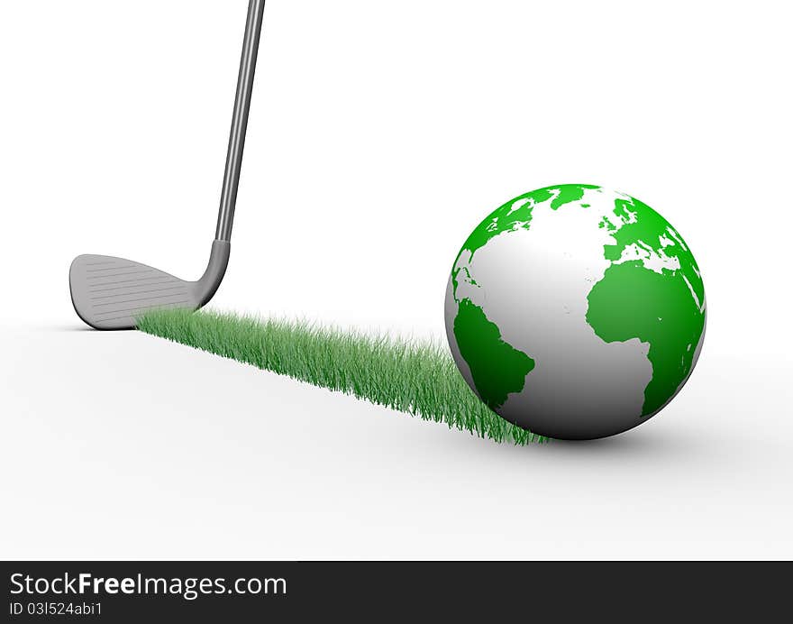 Render of a golf club pitching the earth, grass grows in the trail of the planet. Render of a golf club pitching the earth, grass grows in the trail of the planet.