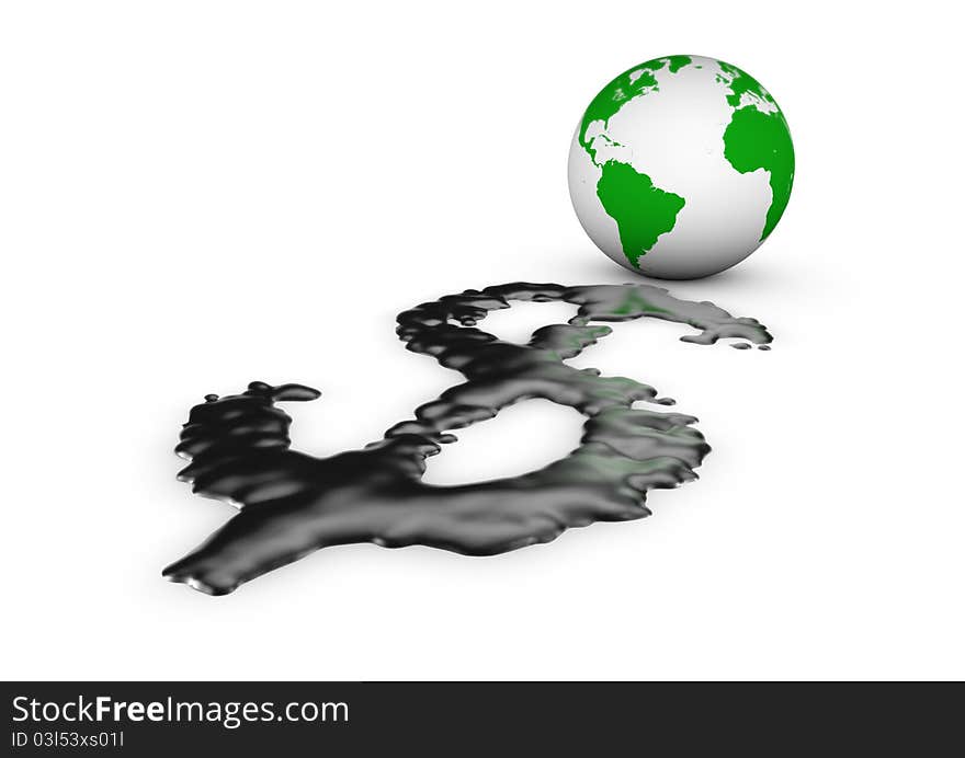 Render of our planet leaking oil in the shape of a dollar