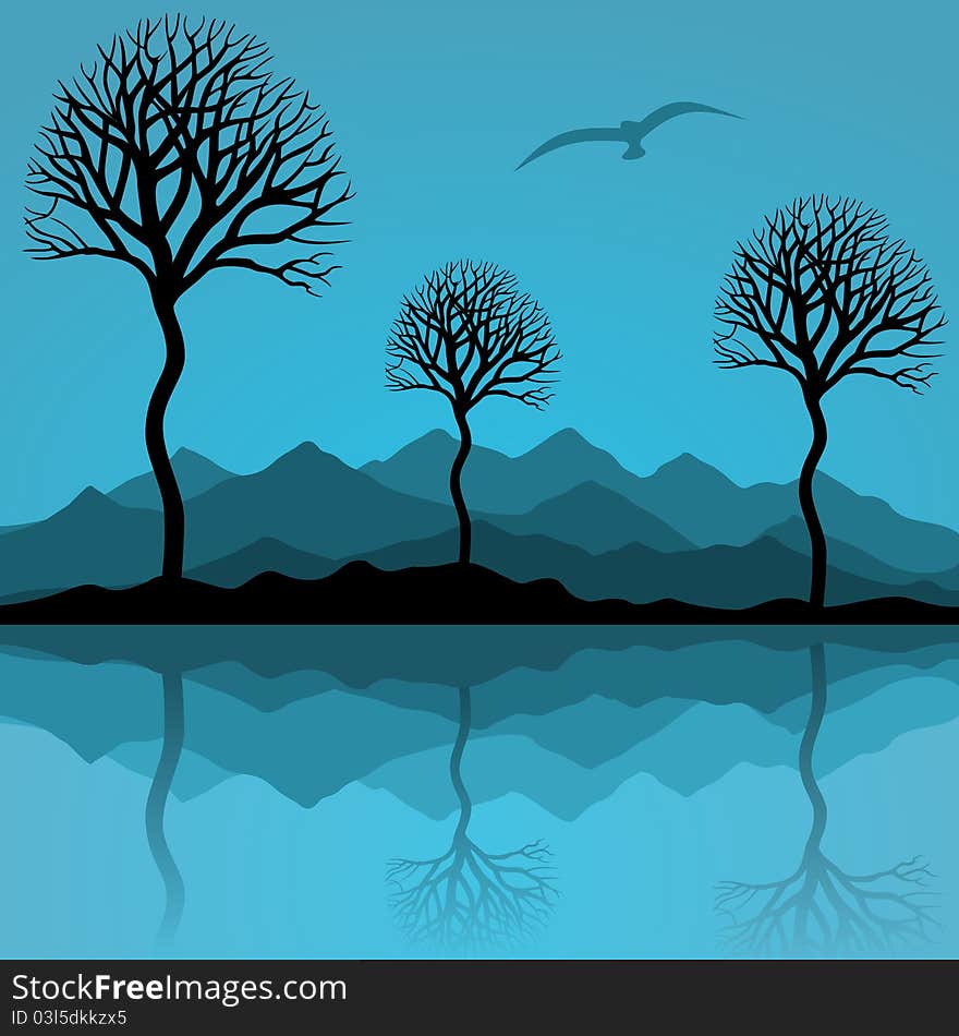 Trees are reflected in lake. A illustration. Trees are reflected in lake. A illustration