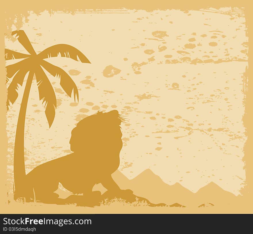 The lion growls under a palm tree. A  illustration. The lion growls under a palm tree. A  illustration