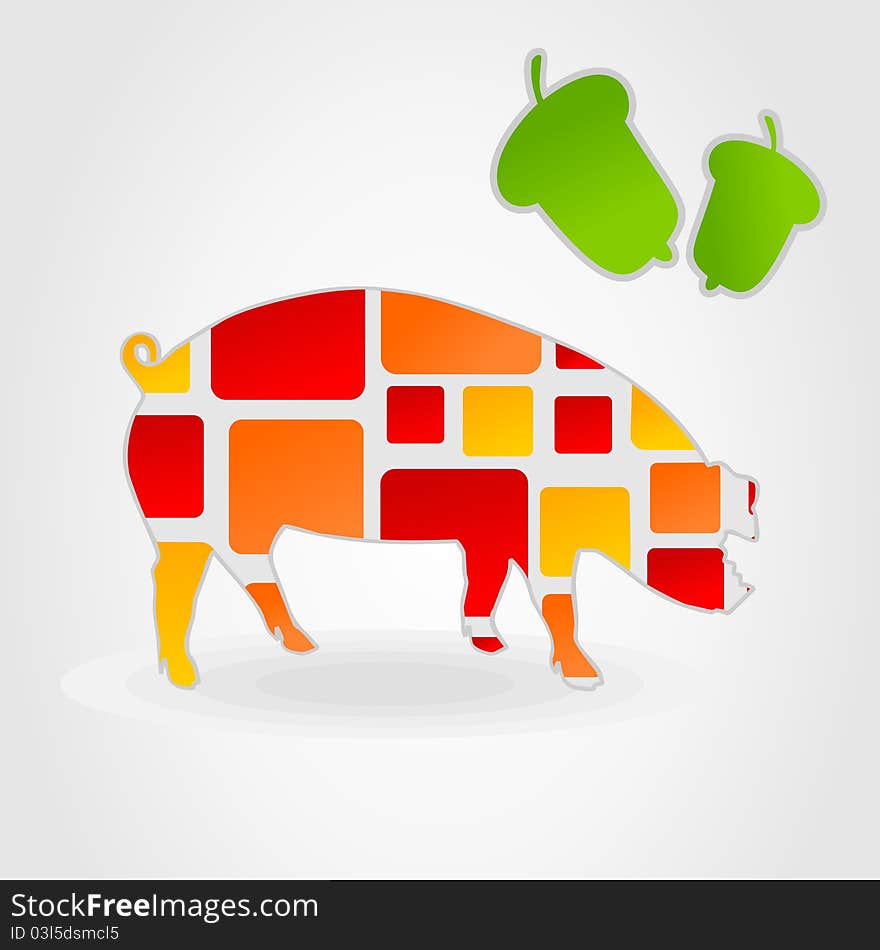 Pig on a grey background and green acorns. A  illustration