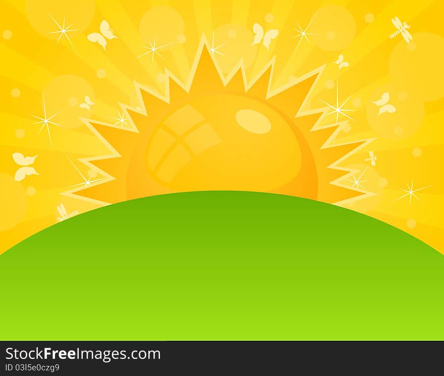 The orange sun ascends over a field. A illustration. The orange sun ascends over a field. A illustration