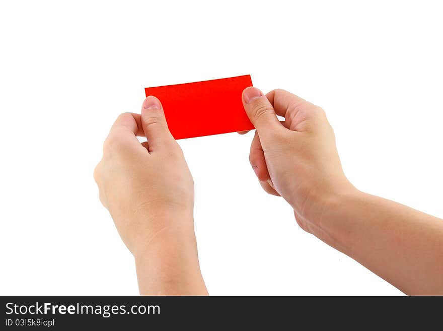 Woman's hands holding red card isolated on white