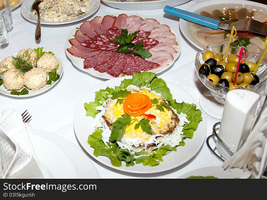 Food at banquet table. wedding