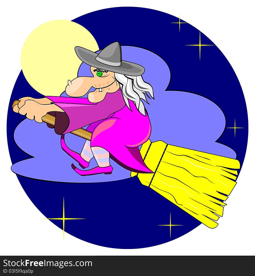 Old ugly witch flying on broom in the sky. Old ugly witch flying on broom in the sky