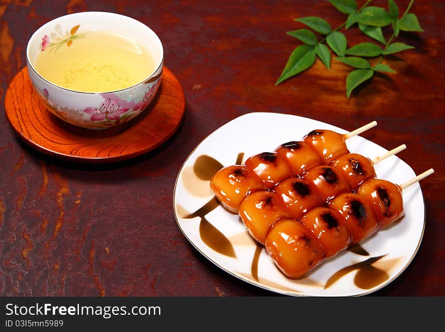 Japanese rice dough dumplings and japanese tea. Japanese rice dough dumplings and japanese tea