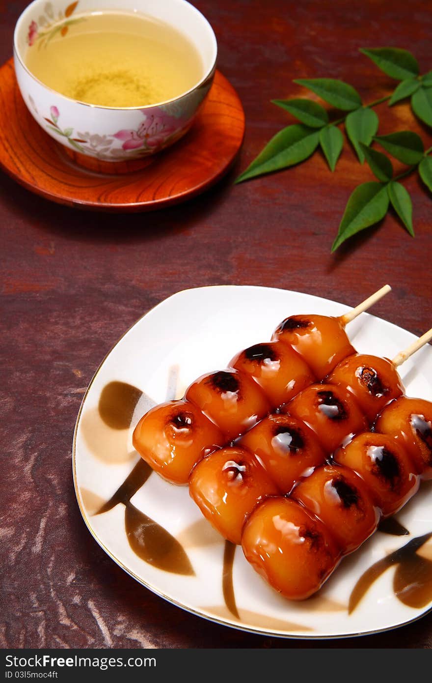 Japanese rice dough dumplings and japanese tea. Japanese rice dough dumplings and japanese tea