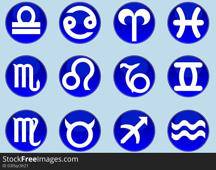 12 zodiac signs from stars in dark blue circles. 12 zodiac signs from stars in dark blue circles