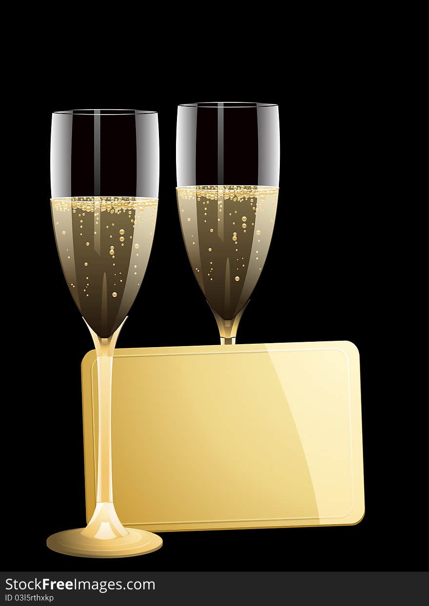 Two glasses of sparkling champagne with a glossy gold message tag. Two glasses of sparkling champagne with a glossy gold message tag