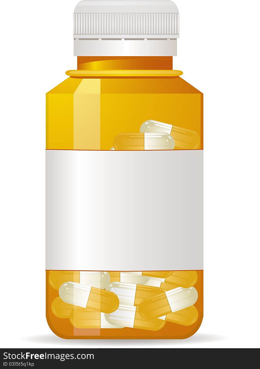 Vector illustration of clear plastic pill bottle, full of pills with sealed cap and label. Vector illustration of clear plastic pill bottle, full of pills with sealed cap and label