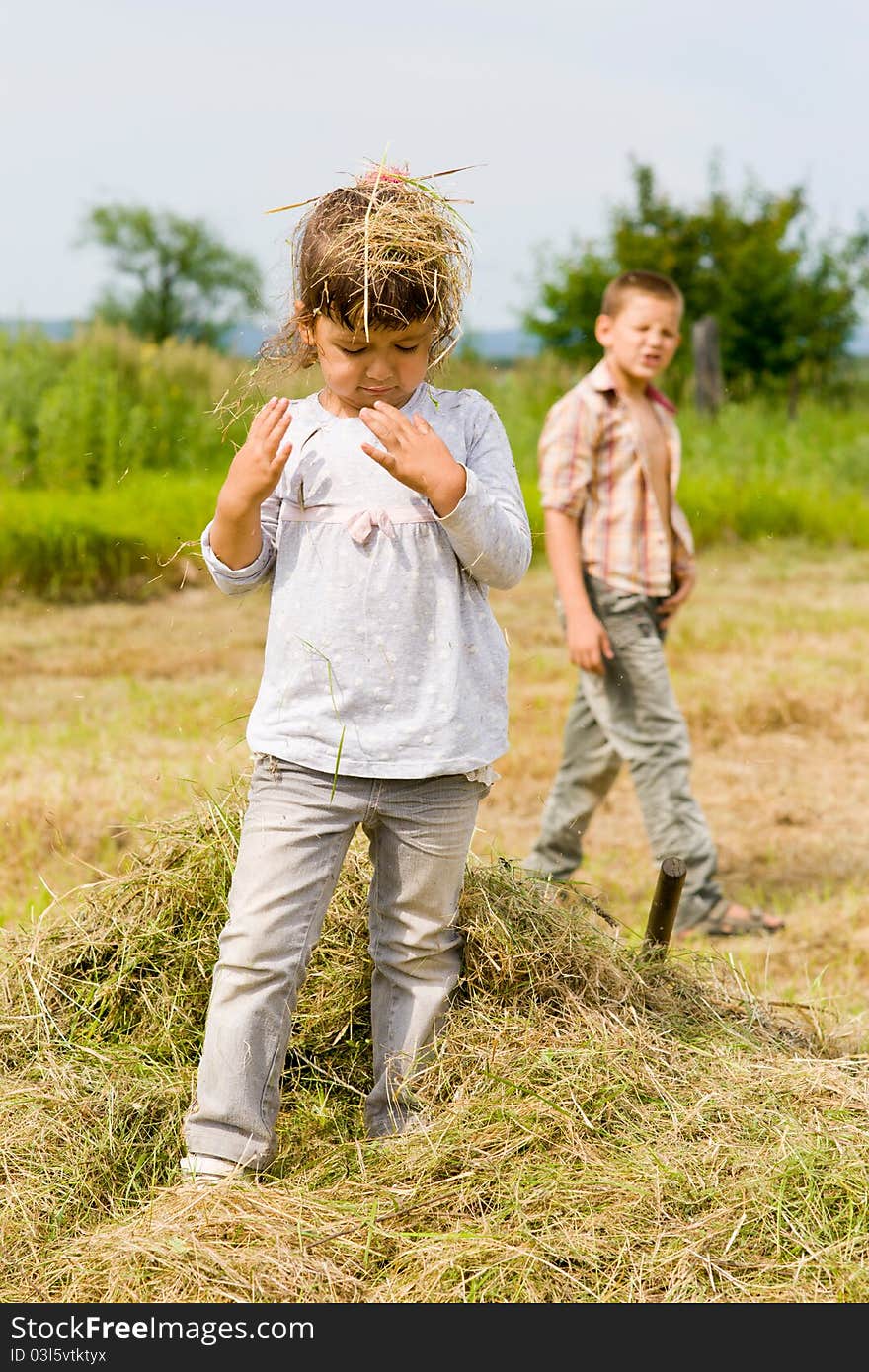 The girl with hay on the head. The girl with hay on the head