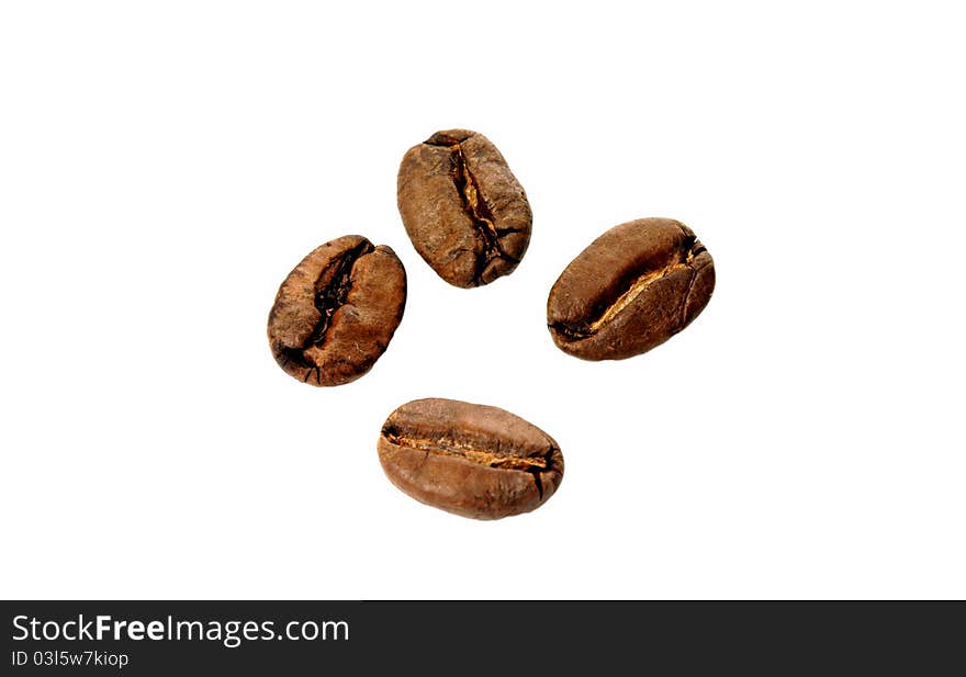 Many coffee beans of a white background