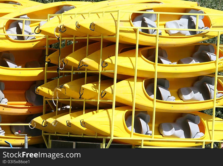 Yellow canoes on a trailer