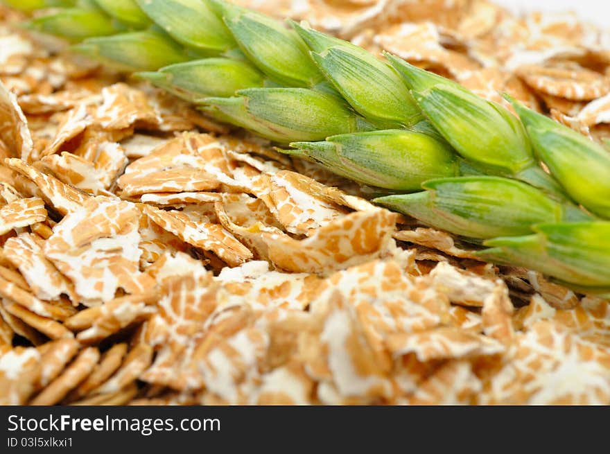 A close-up of wheat flakes and a green ear of wheat. A close-up of wheat flakes and a green ear of wheat