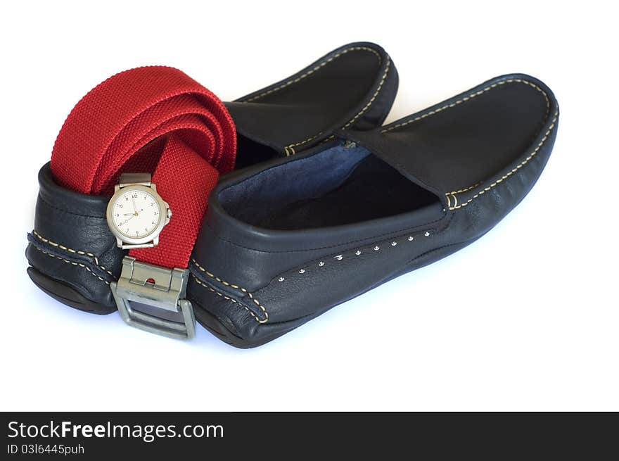 Navy mocassins with red belt and silver watch