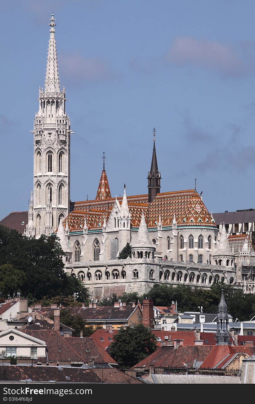 The view of Matthias church as the part of the Buda castle complex in Budapest, Hungary. The view of Matthias church as the part of the Buda castle complex in Budapest, Hungary.