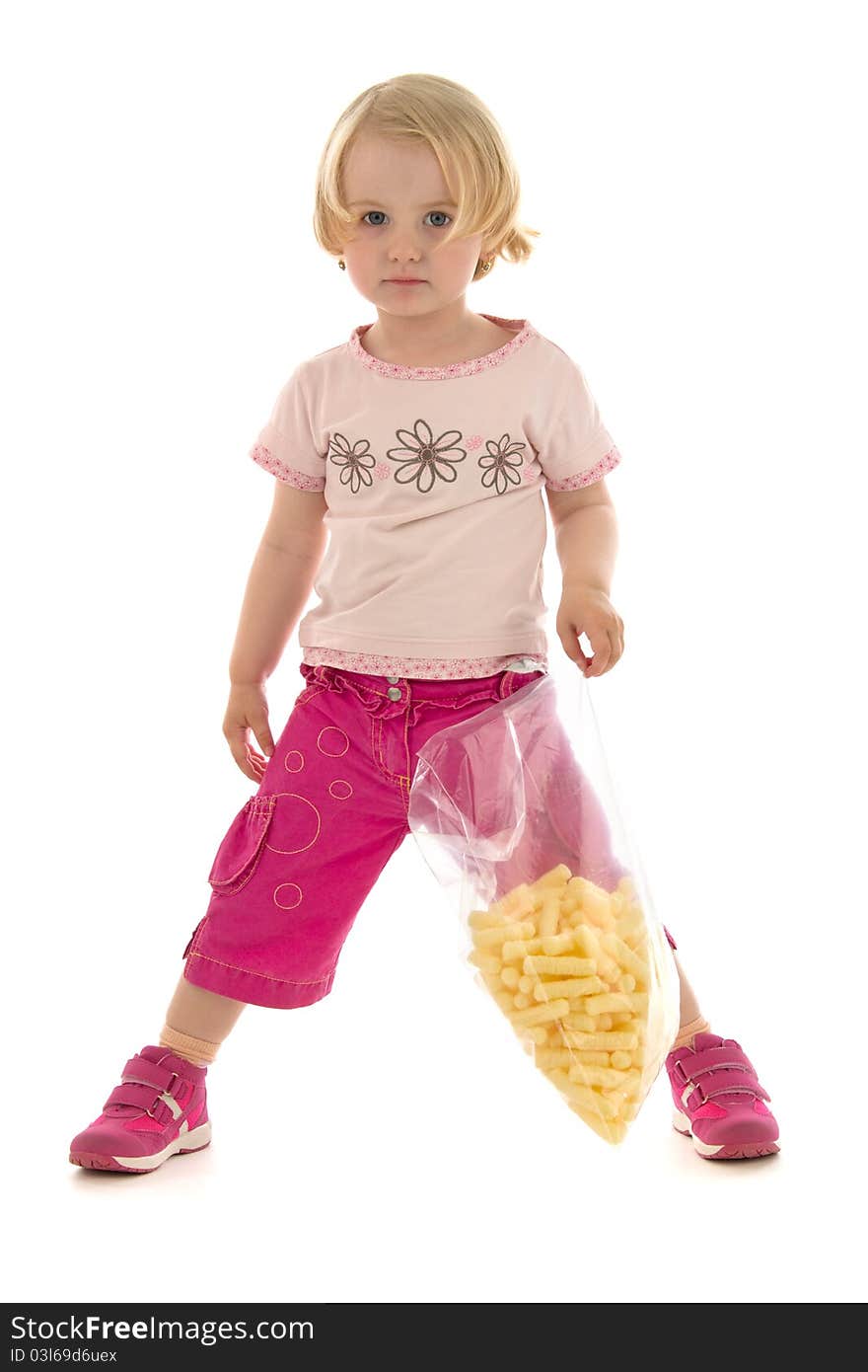 Child with snack, on white background.