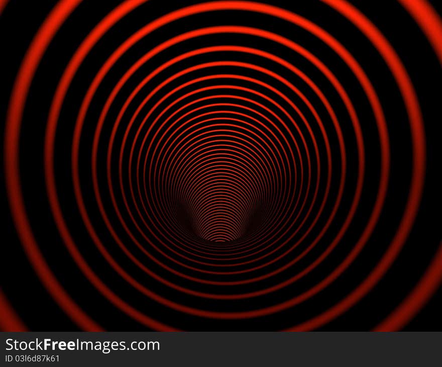 Inside a red and black cylinder. Inside a red and black cylinder