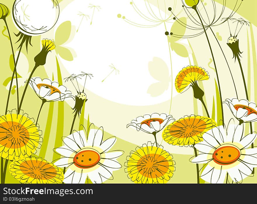 Postcard with daisies and dandelions. Similar to portfolio