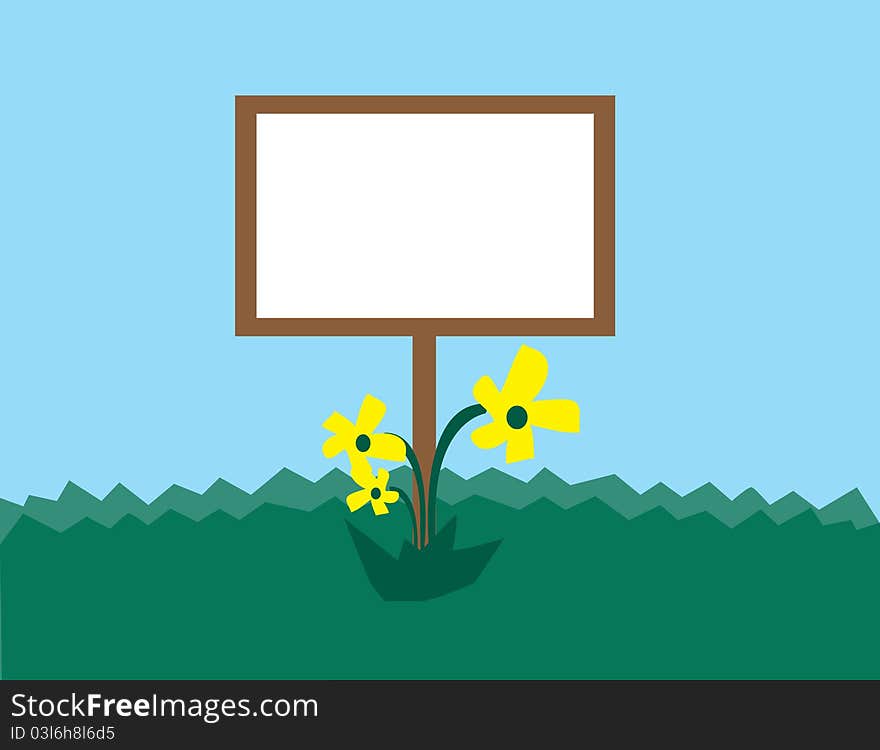 Blank sign in grassy hill with three flowers. Blank sign in grassy hill with three flowers.