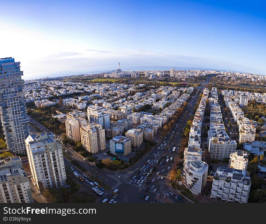 Tel Aviv skyline at sunset / Aerial view of Tel Aviv. Tel Aviv skyline at sunset / Aerial view of Tel Aviv