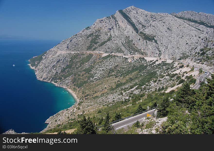 A photograph of the coastal road to Split in Croatia. A photograph of the coastal road to Split in Croatia