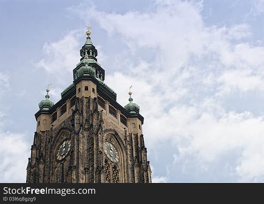 Right Tower of Saint Vitus Cathedral in Prague, Czech Republic. Photo taken on May, 2011