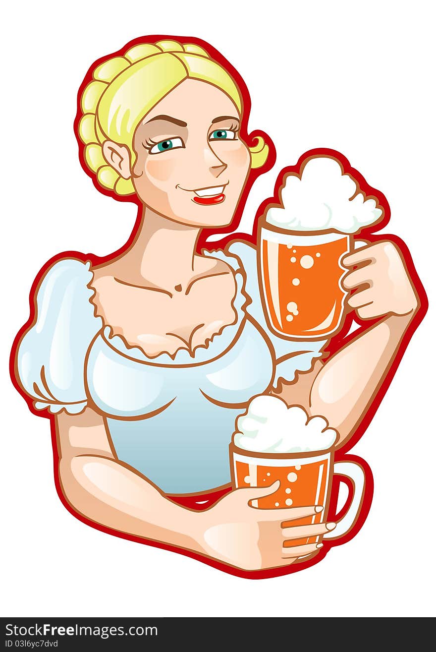 Girl With Two Mugs Of Beer