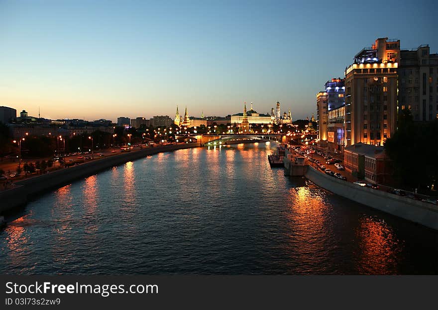 Russia, Moscow, night view of the Moskva River, Bridge and the Kremlin