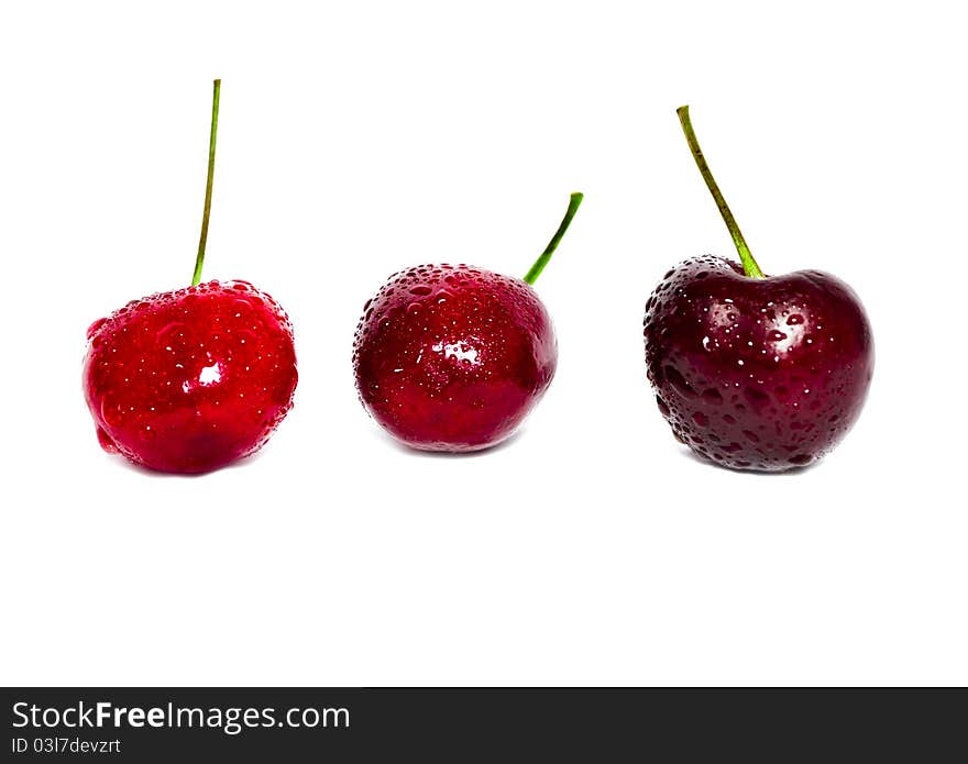 A trio of fresh, delicious cherries, from lightest to darkest!. A trio of fresh, delicious cherries, from lightest to darkest!