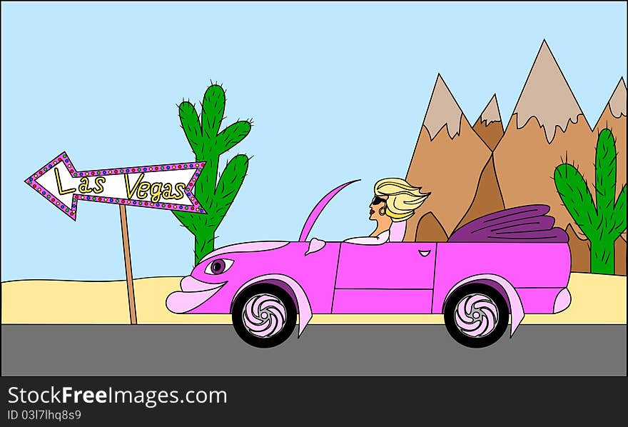 Girl in cabriolet car goes to Las Vegas. Girl in cabriolet car goes to Las Vegas