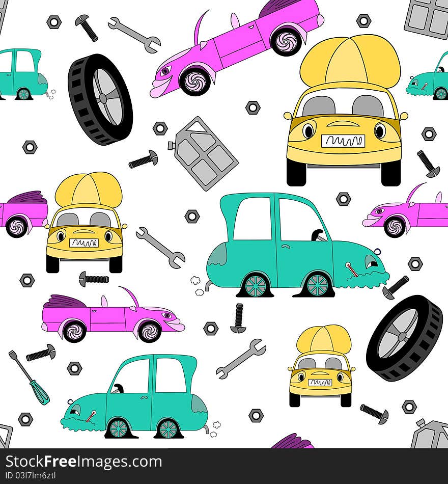 Seamless pattern with cars and tools