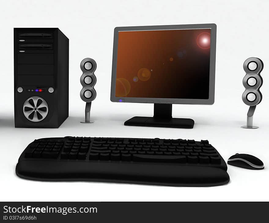 Black computer with speakers and mouse on a white background