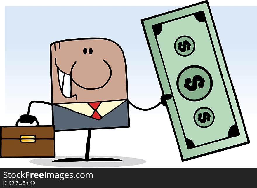 African american cartoon doodle businessman in a suit bag and a dollar in hand. African american cartoon doodle businessman in a suit bag and a dollar in hand