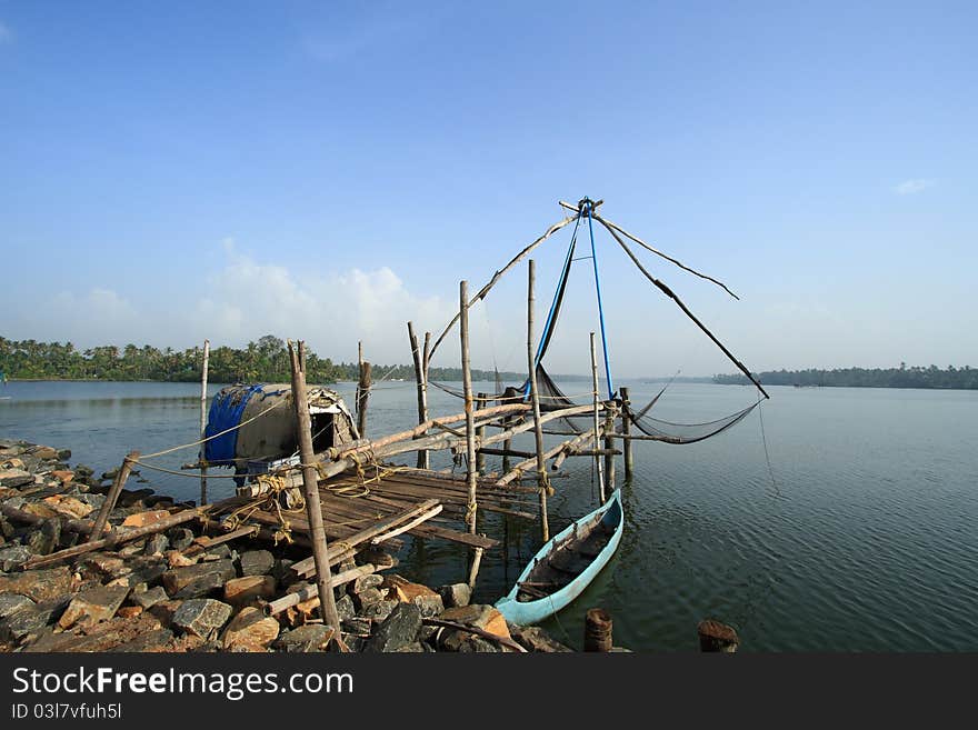 Chinese style fishing net on a lake