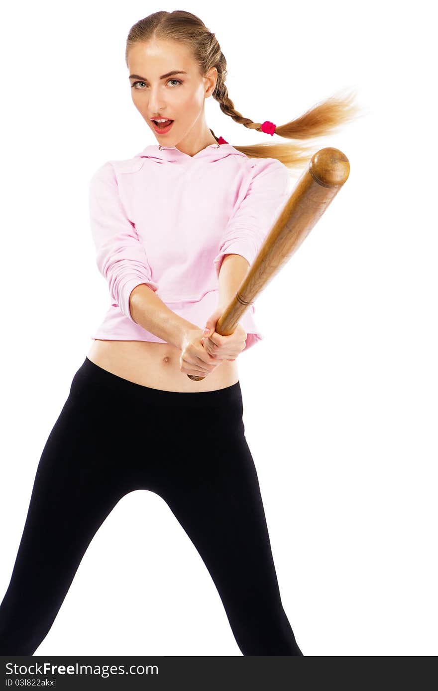 Pretty lady with a baseball bat, isolated on white background