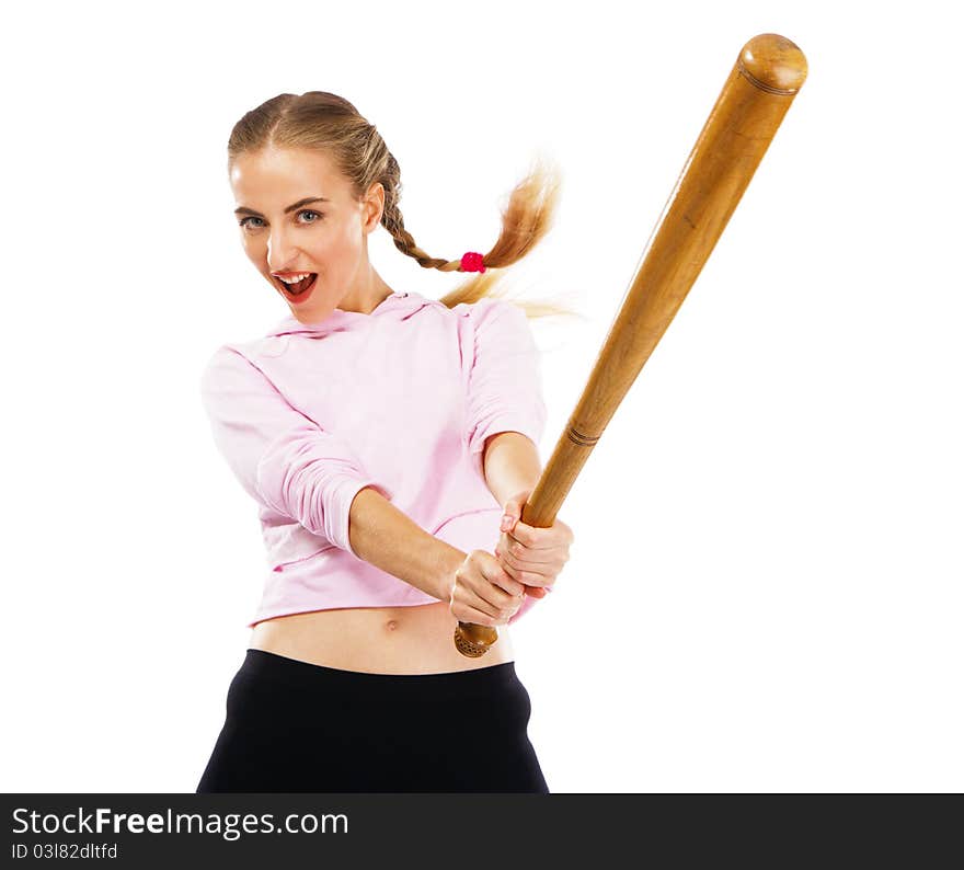 Pretty lady with a baseball bat, isolated on white background