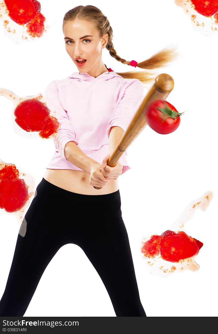 Lady beating off tomatoes with a baseball bat, white background