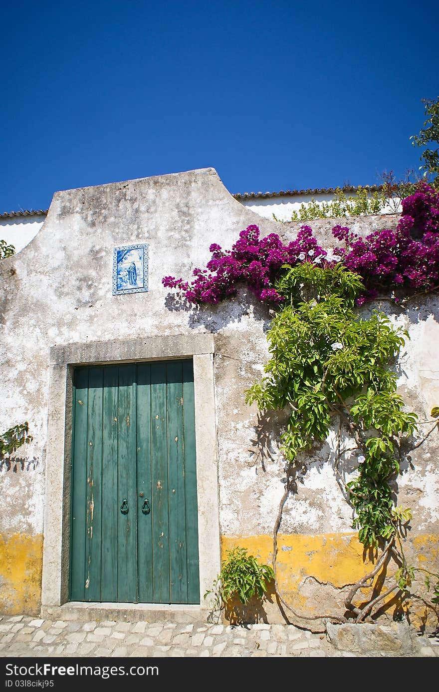 Old wooden doors in a white wall of a residence and flowers in old middle-aged Obidos village in Portugal. Old wooden doors in a white wall of a residence and flowers in old middle-aged Obidos village in Portugal