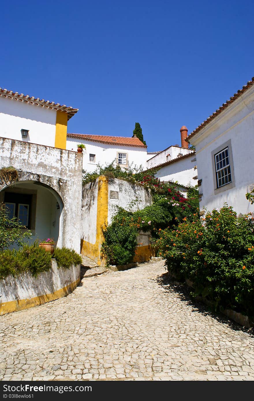 Old  white buildings, doors,  walls and flowers in old middle-aged Obidos village in Portugal