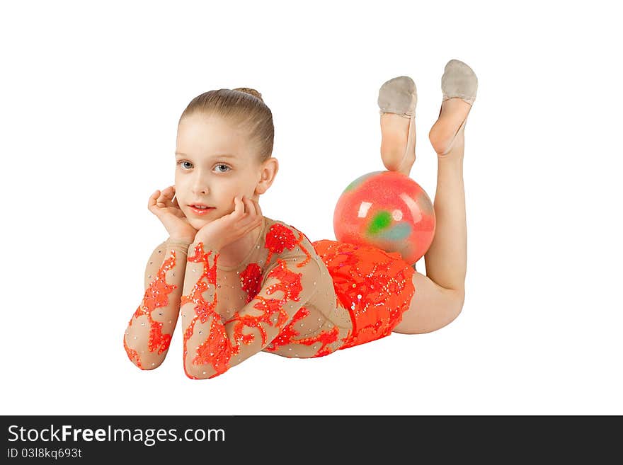 The young gymnast in bright tights with the ball, the insulation on a white background. The young gymnast in bright tights with the ball, the insulation on a white background