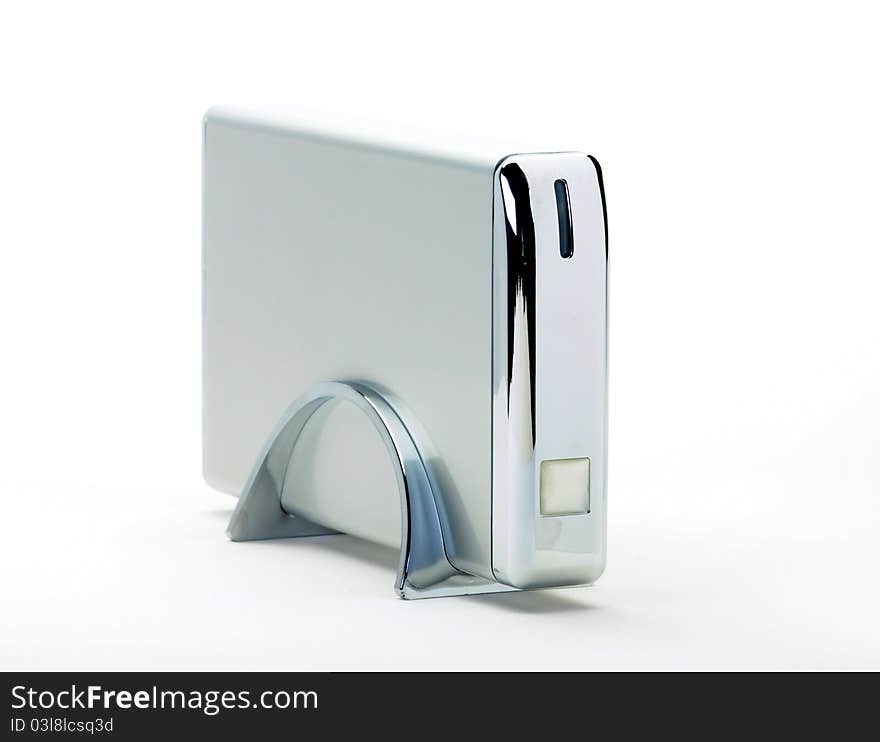 Silver metal hard drive on white background