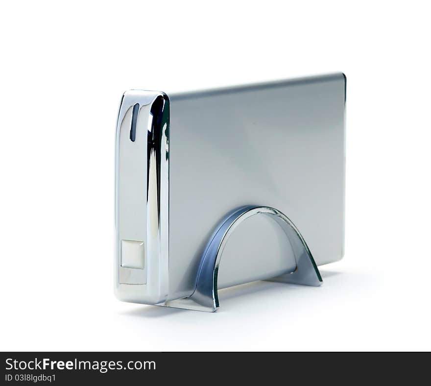 Silver metal hard drive on white background