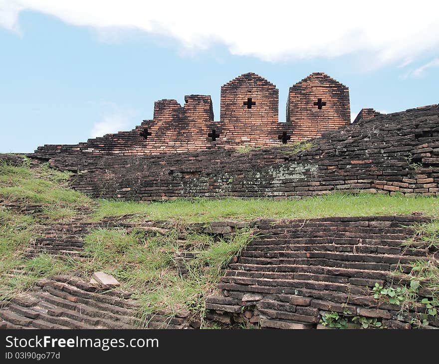 Old brick fortress wall at chiangmai,Thailand