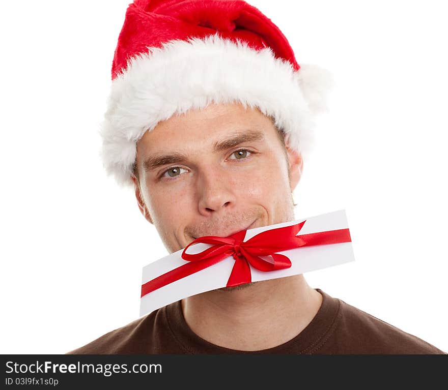 Young man with a coupon at christmas. Young man with a coupon at christmas