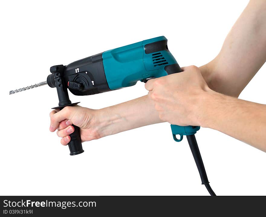 Perforator in hands isolated on a white background. Perforator in hands isolated on a white background