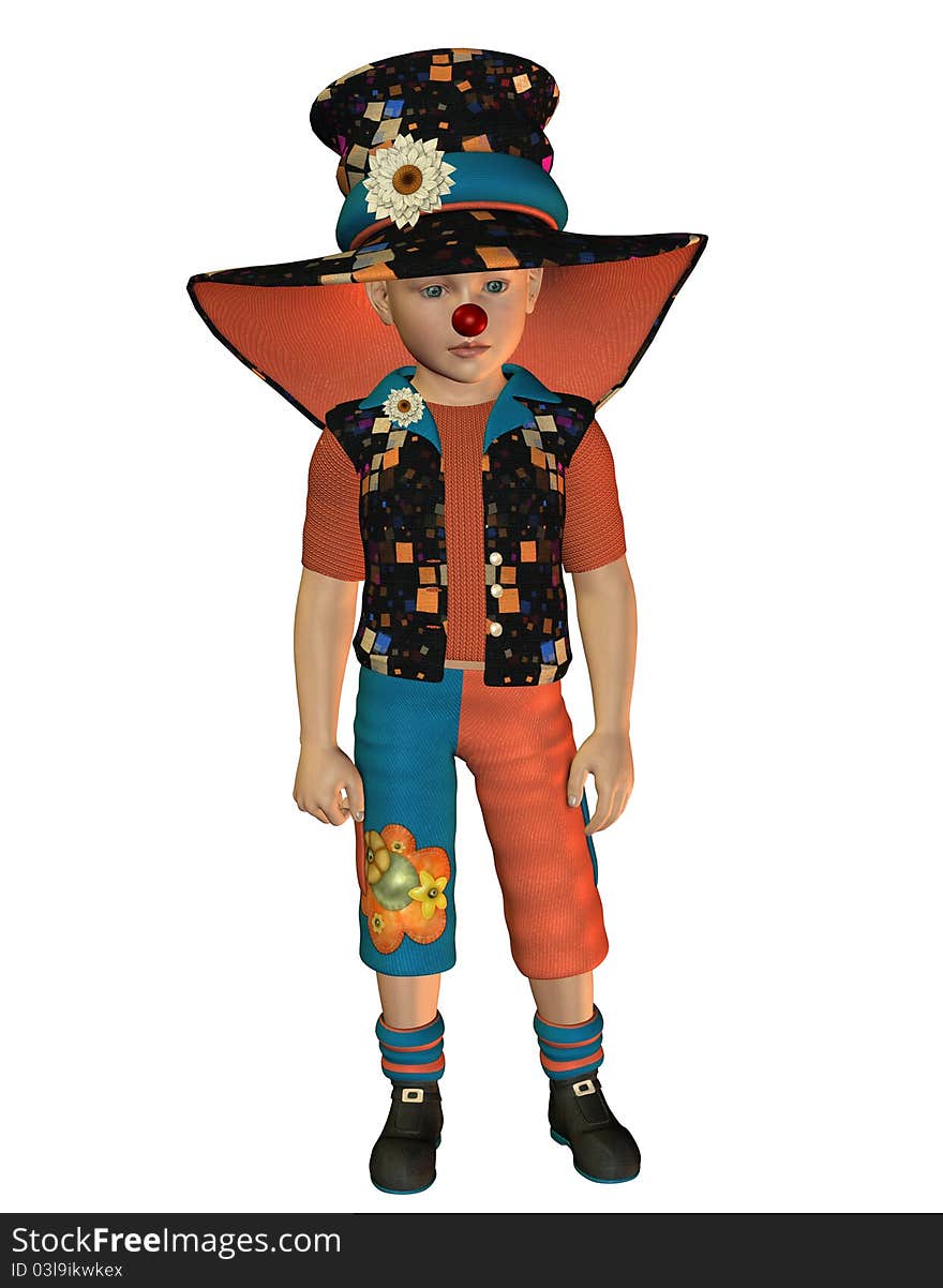 3D Rendering boy standing in a clown costume