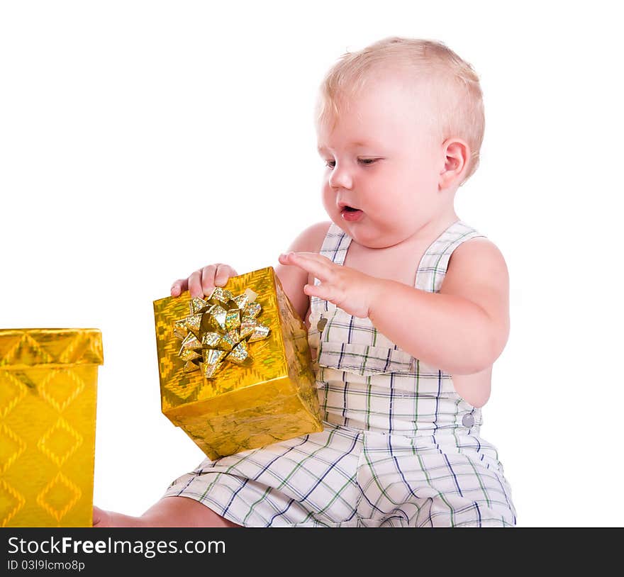 Little baby with a gift isolated over white background