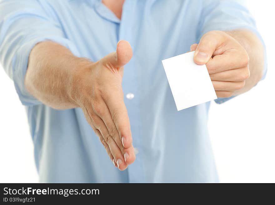 Businessman offer you a hand and a card. Businessman offer you a hand and a card