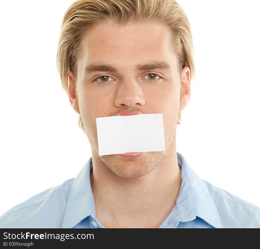 Attractive businessman with a card in his mouth. Attractive businessman with a card in his mouth